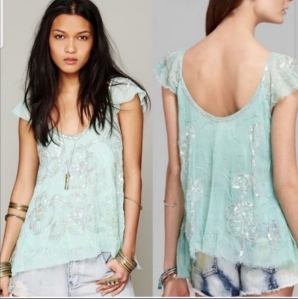 FREE PEOPLE Titan's Treasure Boho Angel Mint Green Embellished Tunic NWOT RARE - Picture 3 of 16